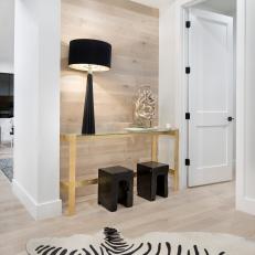 Modern Farmhouse Foyer With Wood Accent Wall And Black And White Accents