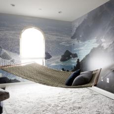 Modern Apartment Meditation Room With Hammock And Wall Mural