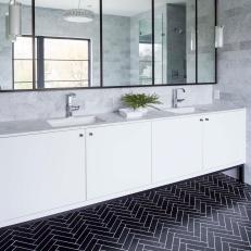 Gray Double Vanity Bathroom With Black Floor