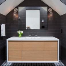 Black and White Bathroom With Tulips