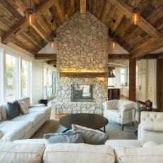 Neutral Country Living Room With Vaulted Ceiling