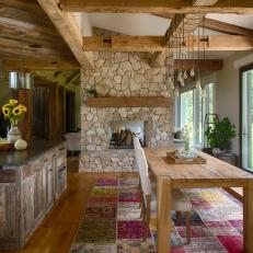 Country Dining Room With Stone Fireplace