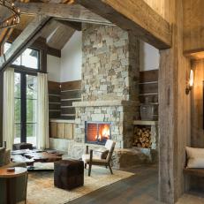 Rustic Cabin Living Room with Soaring Beamed Ceiling