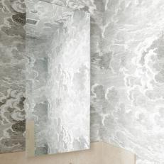 Modern Powder Room Gray And White Wallpaper Detail