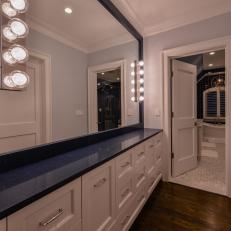 Contemporary White Master Bathroom Vanity With Illuminated Mirror And Blue Countertop