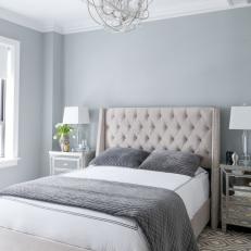 Gray Contemporary Bedroom With Graphic Rug
