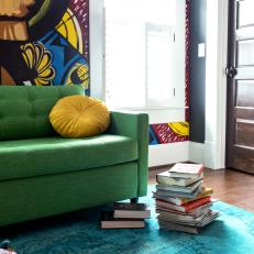 Graffiti Inspired Office with Green Sofa and Teal Rug