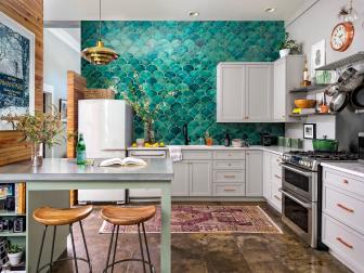 Modern Kitchen with Teal Tile Wall, Open Shelving and Copper accents