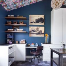 Blue Eclectic Craft Room With Colorful Ceiling