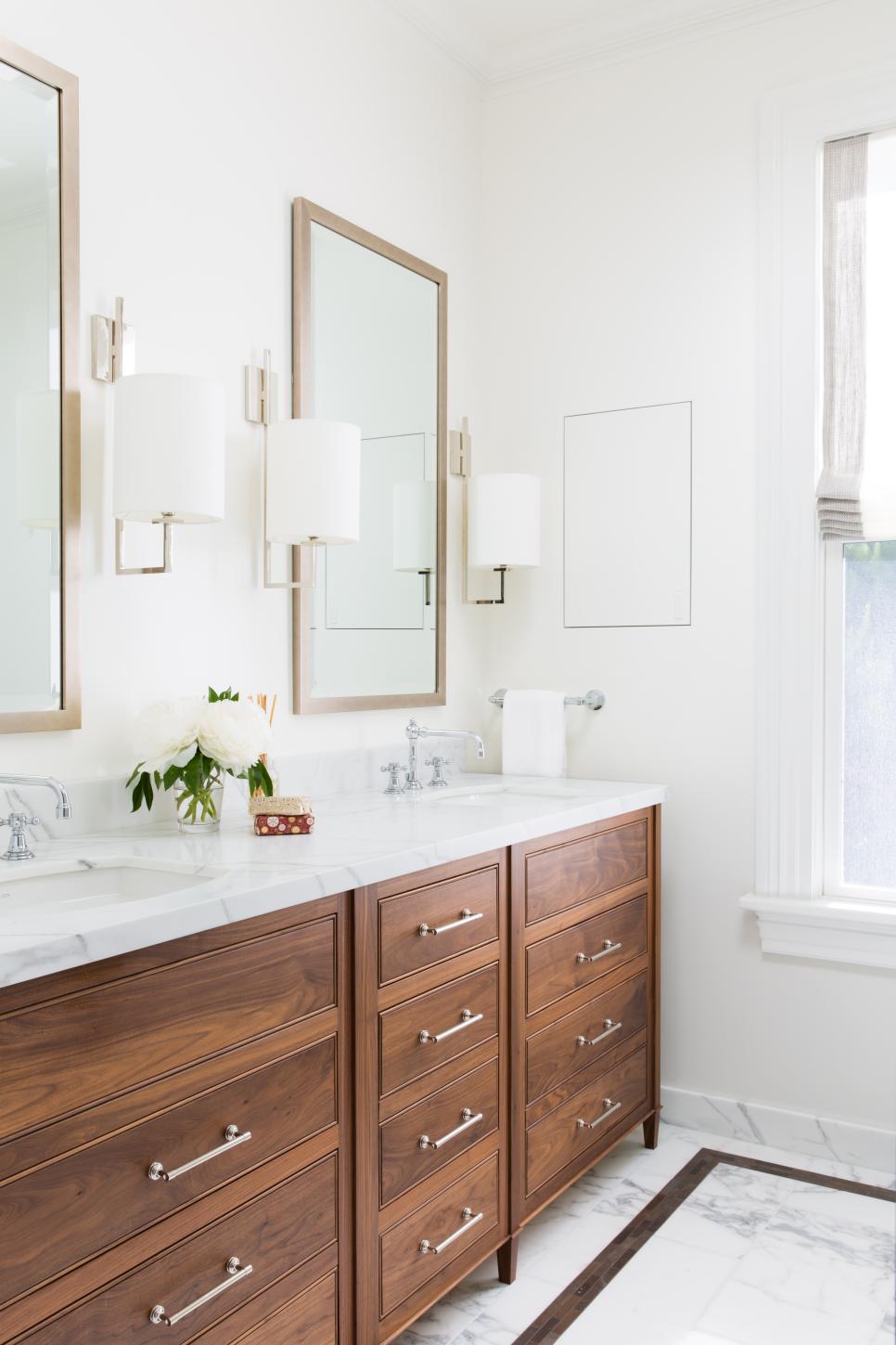 Modern White Double Vanity Bathroom With Marble Top, Wood, And Inlaid