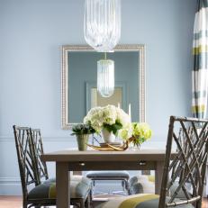 Contemporary Blue Dining Room With Modern Glass Pendant Lights