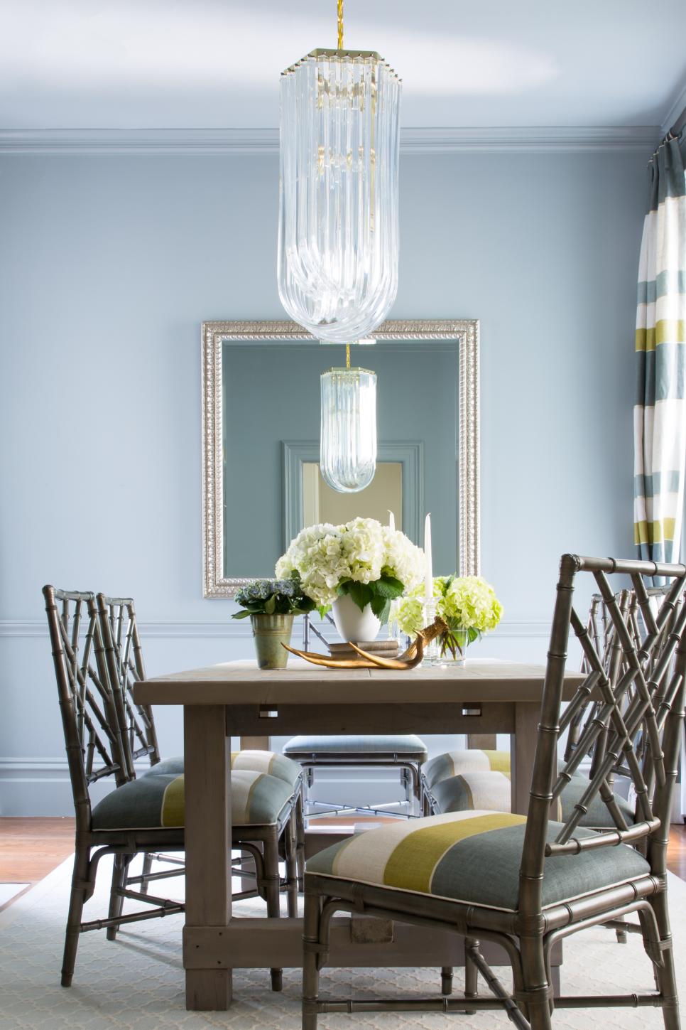 Contemporary Blue Dining Room With Modern Glass Pendant Lights | HGTV