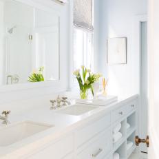 Modern White Double Vanity Bathroom With Contemporary Accessories And Fixtures