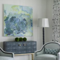 Blue And Gray Sitting Area Detail With Modern Cabinet And Floor Lamp