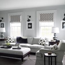 Traditional White Living Room With Black And Gray Accents And Modern Patterns
