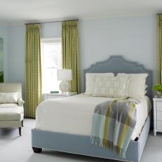 Girls Bedroom With White Bed Linens And Green Curtains