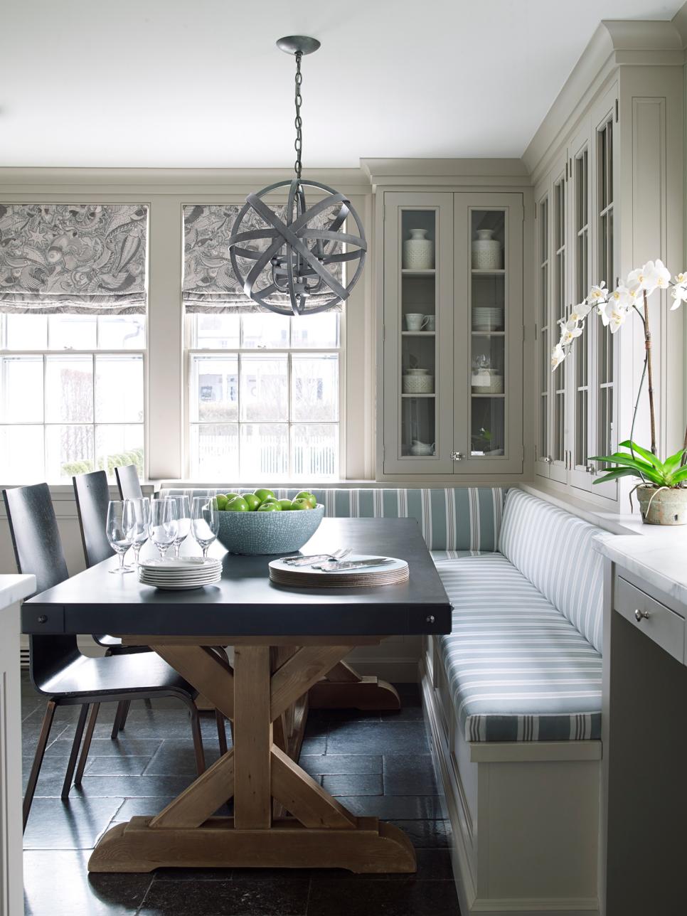 Traditional Gray Breakfast Nook Banquette With Modern Details And