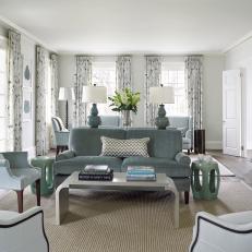 Traditional Blue And Gray Living Room With Upholstered Furnishings