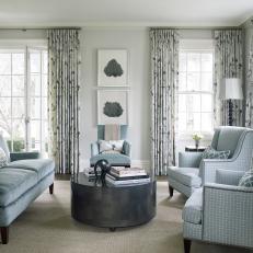 Traditional Classic Sitting Room With Gray Walls And Blue Tailored Furnishings