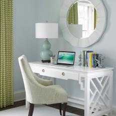 Traditional Gray Bedroom Desk Detail With Green Patterned Curtains