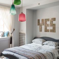 Multicolored Eclectic Bedroom With Three Pendants