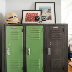 Green and Gray Lockers With Hats