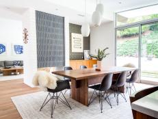 Midcentury Dining Room With Sliding Doors