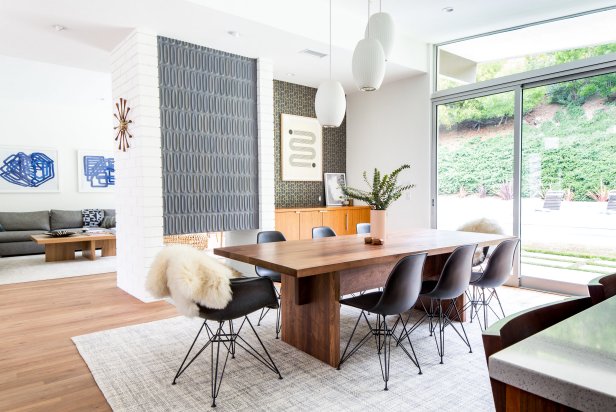 Midcentury Dining Room With Sliding Doors