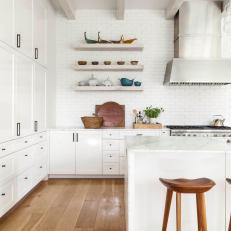 White, Monochromatic Transitional Kitchen With Floating Shelves 
