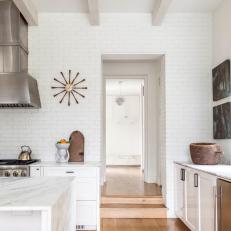 Painted Texture Accents in White Transitional Kitchen Hallway By White Marble Island