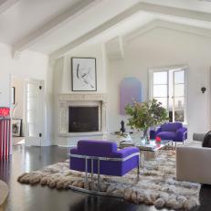 White, Modern Living Room with Purple Velvet Armchairs