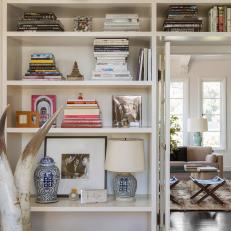 Home Office with Built-in Bookshelves, Chandelier