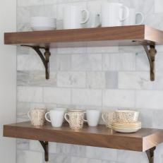 Contemporary Wood Shelves Over Marble Subway Tile Kitchen Backsplash 