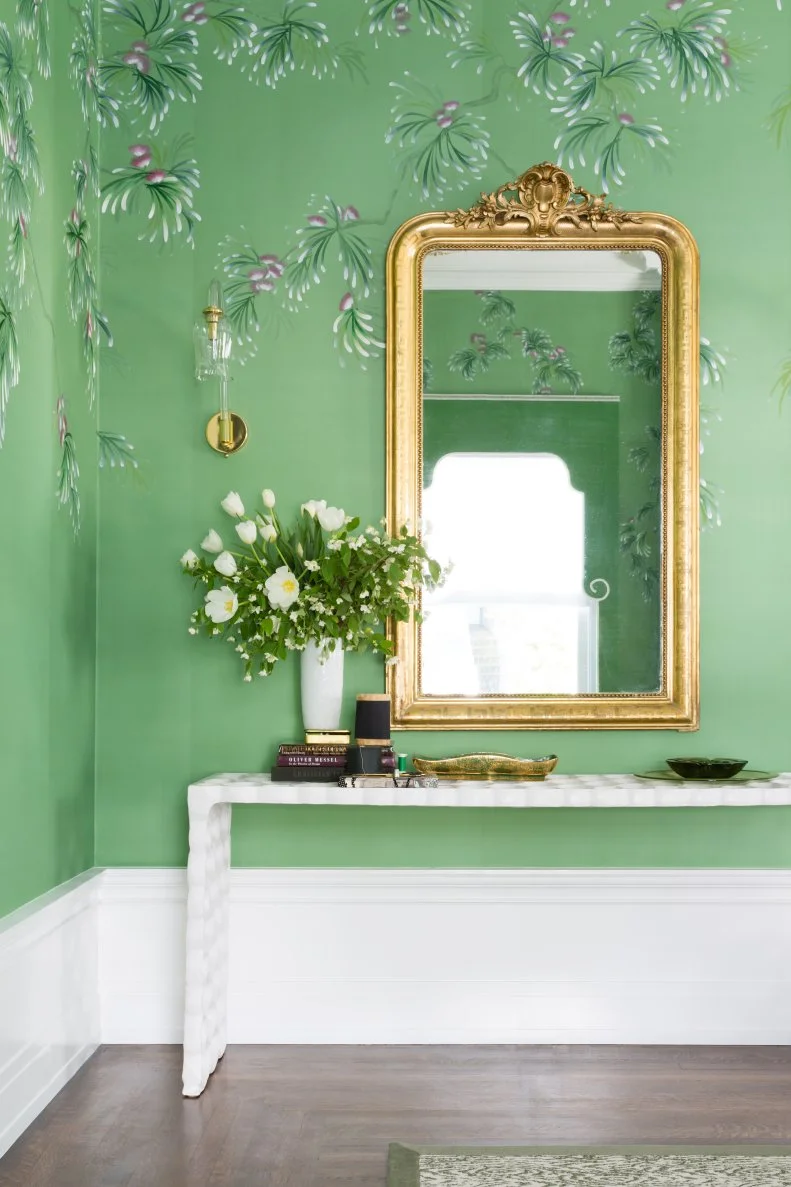 Traditional Living Room With Green Wallpaper And Gold Accents
