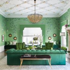 Elegant Green And Gold Living Room With Eclectic Accents And Antiques