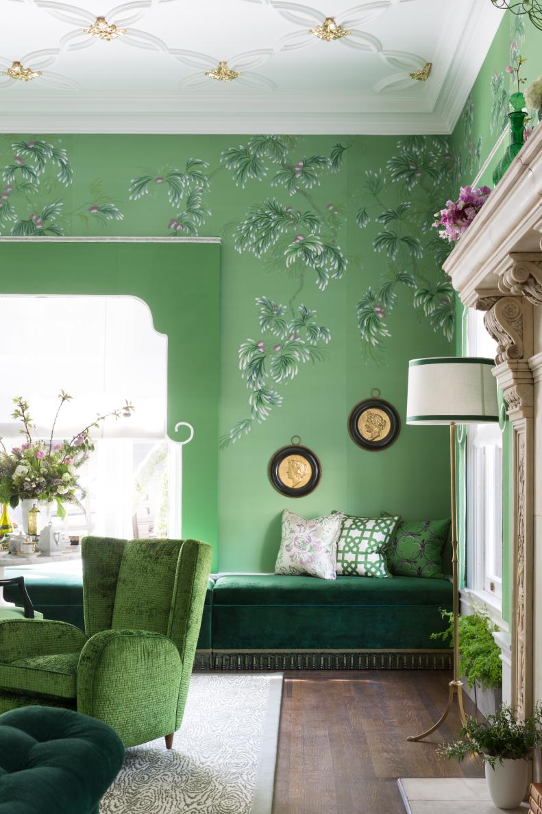 Elegant Green Living Room With Gold And Antique Accents