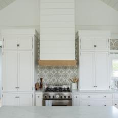 Contemporary White Cottage Kitchen With Open Shelves And Mosaic Tile Backsplash