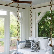 Modern White Cottage Screened Porch With Daybed Porch Swing And Modern Ceiling Fan