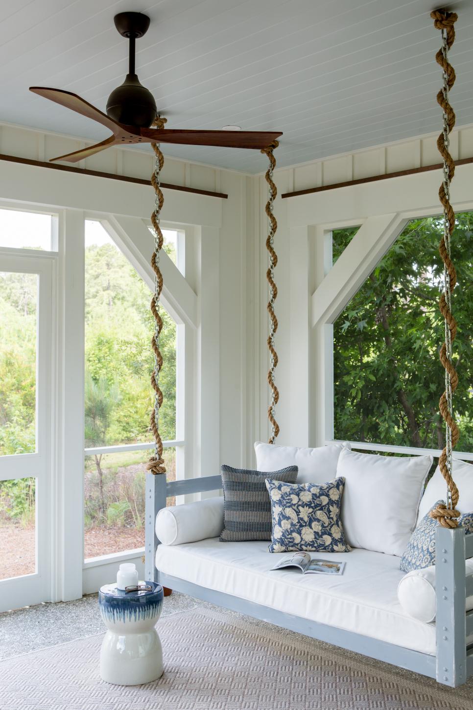 Modern White Cottage Screened Porch With Daybed Porch Swing And Modern