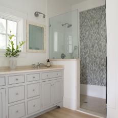 Contemporary Cottage Master Bathroom With Double Vanity And Walk In Shower With Mosaic Tile