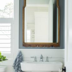 Modern Cottage Powder Room Detail With Shiplap And Blue Wall