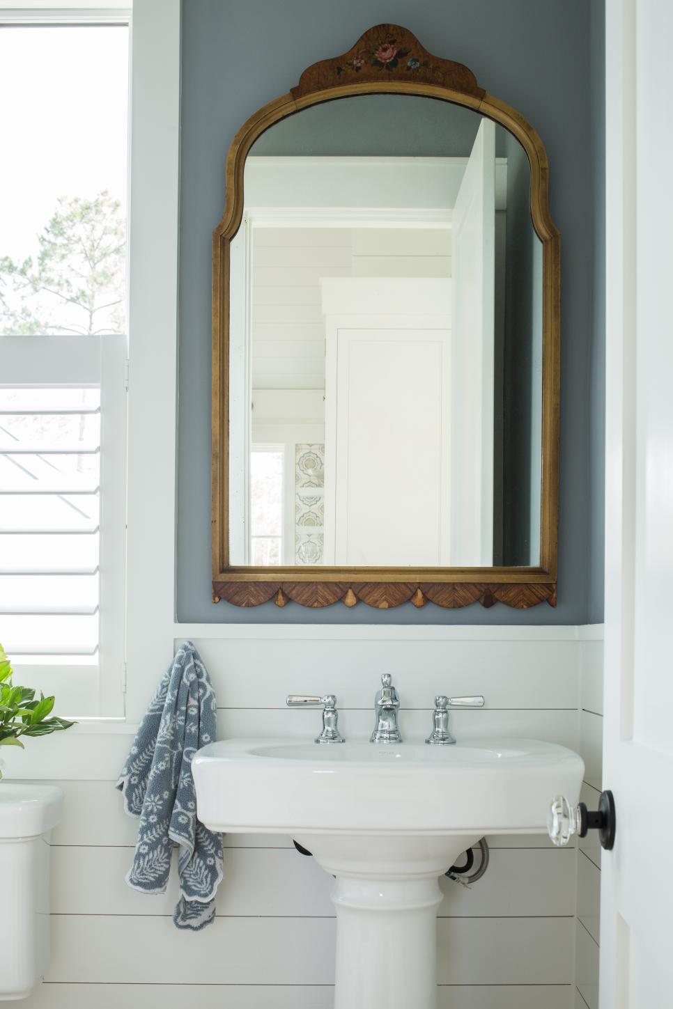 Modern Cottage Powder Room Detail With Shiplap And Blue Wall | HGTV