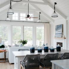 Modern White Cottage Great Room With Contemporary Living And Dining Areas