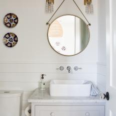 Modern White Cottage Bathroom With Antique Details And Marble Topped Vanity