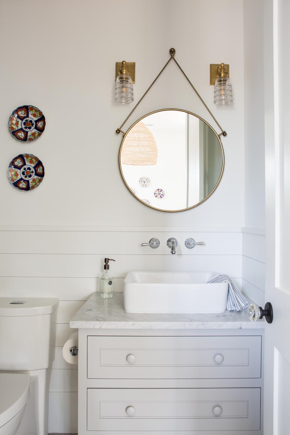 Modern White Cottage Bathroom With Antique Details And Marble Topped ...