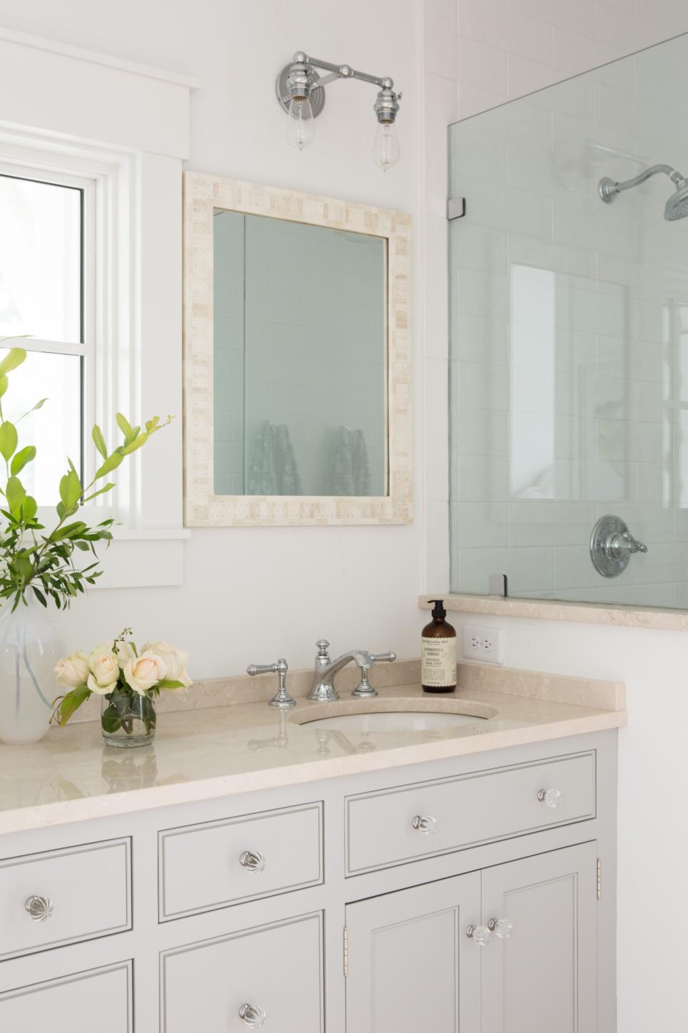 Modern White Cottage Master Bath With Marble Counter And ...