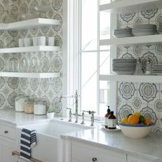 Contemporary Cottage Kitchen Detail With Open Shelves And Mosaic Tile Wall