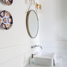 Modern White Cottage Guest Bathroom With Wall Mounted Faucet And Vessel Sink
