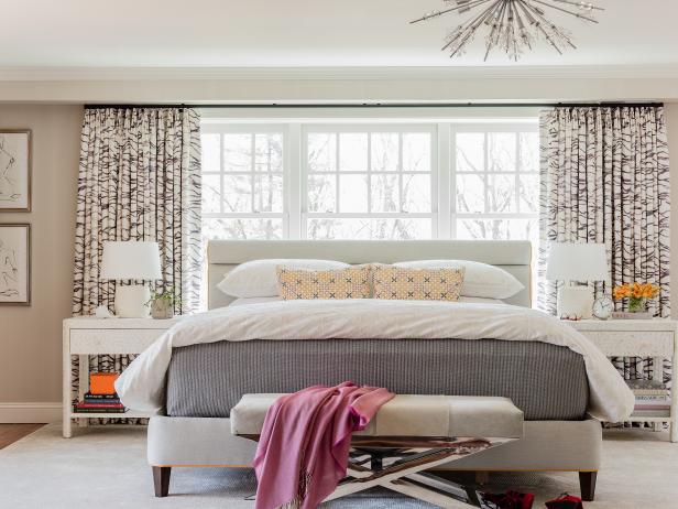 Bright White Master Bedroom With Corner Fireplace Hgtv