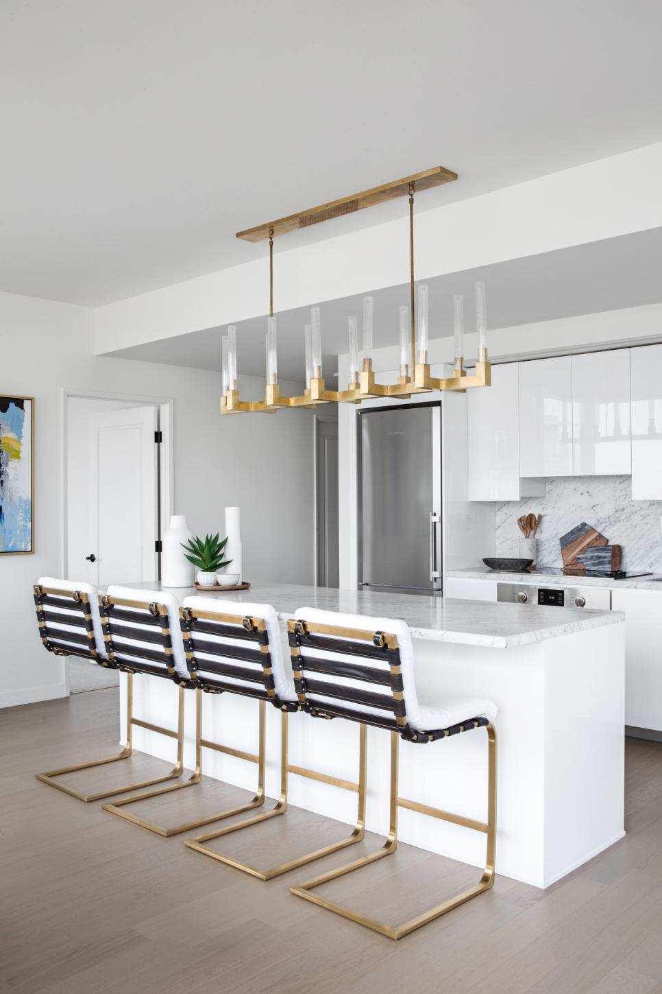 White Modern Kitchen With Brass Barstools | HGTV Choose from elegant bar stools, striking counter stools, and versatile low stools.